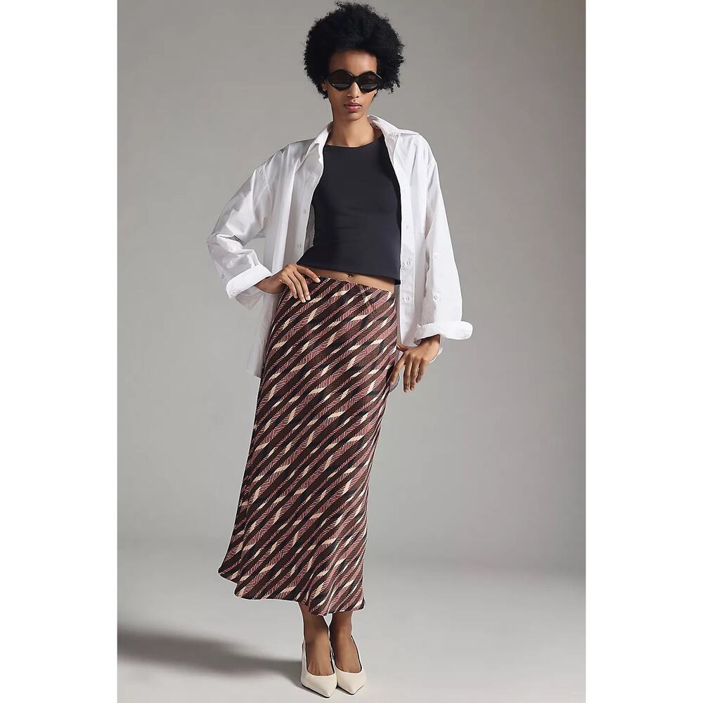 Anthropologie Satin Slip Midi Skirt Small Neutral Print Brown Red Tan y2k - Picture 4 of 10